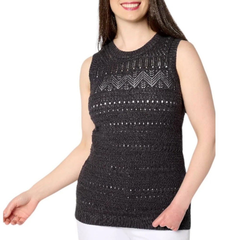 Denim & Co Canyon Retreat Pointelle Stitch Sweater Tank Washed Black 3X A649913
